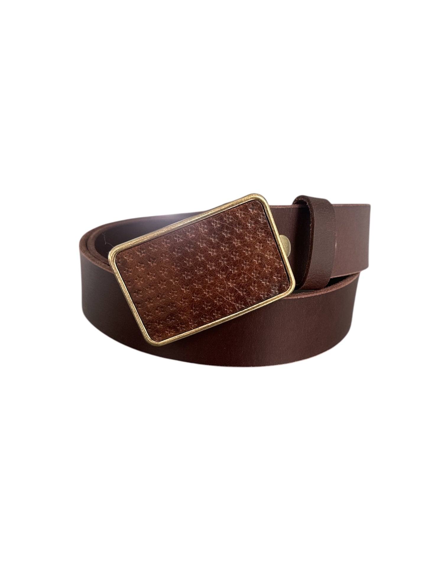 Star Embossed Brown Leather Belt Buckle