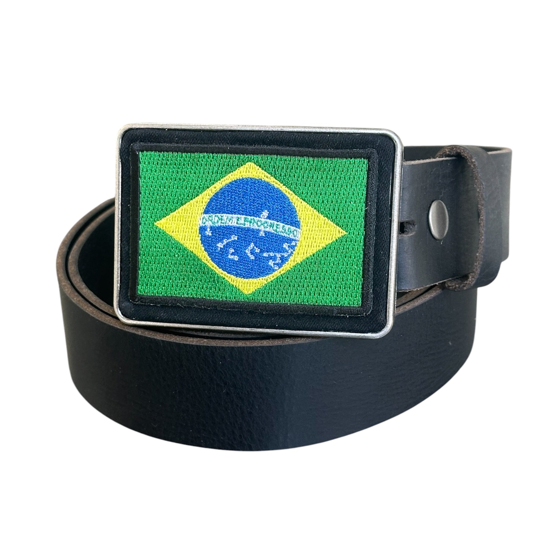 Black belt with a Brazil flag buckle on a white background