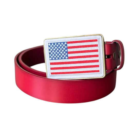 Red belt with American flag buckle on a white background