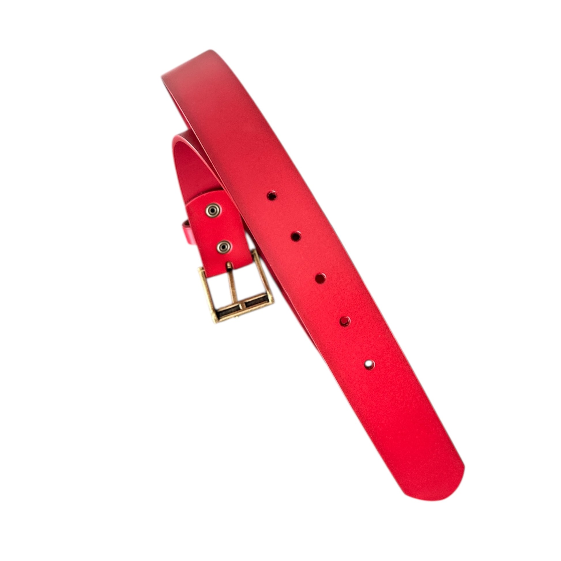 Red belt with a gold buckle on a white background