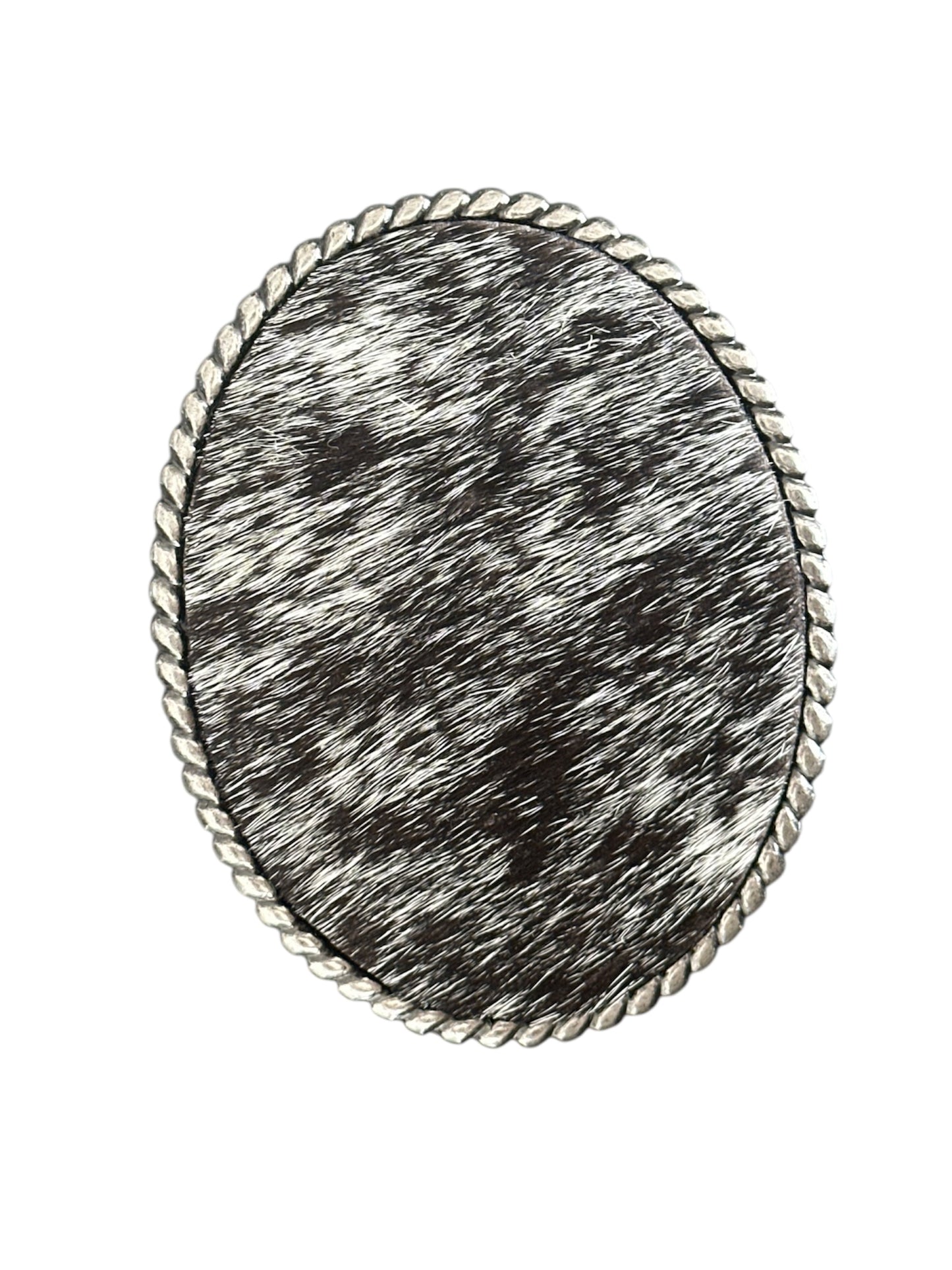 Black and White Hair on Hide Oval Rope Belt Buckle