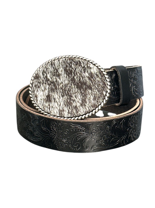 Black and White Hair on Hide Oval Rope Belt Buckle