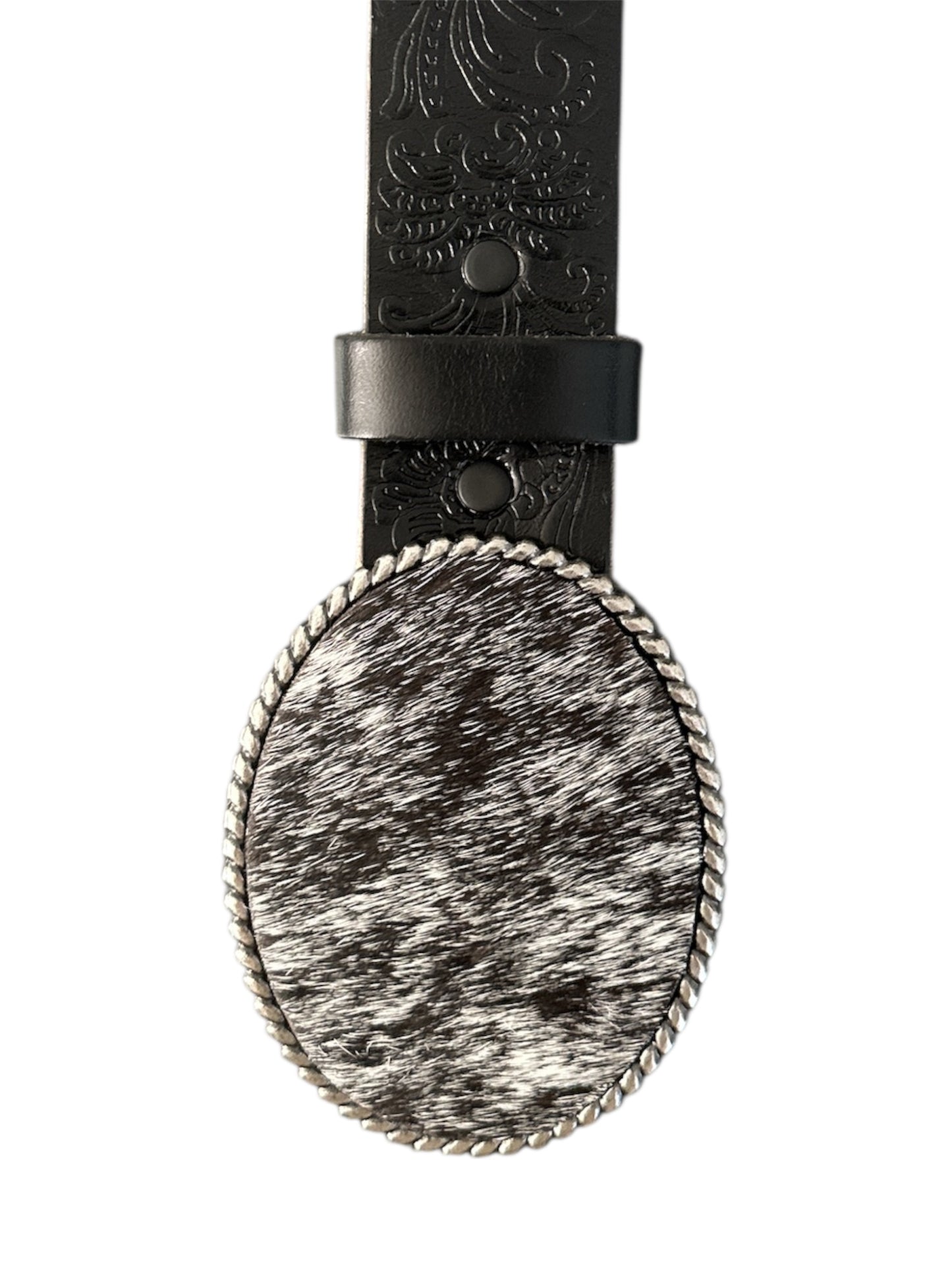 Black and White Hair on Hide Oval Rope Belt Buckle