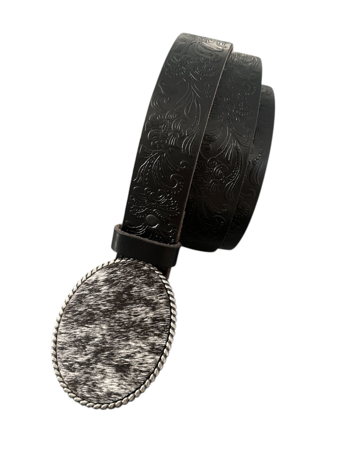 Black and White Hair on Hide Oval Rope Belt Buckle