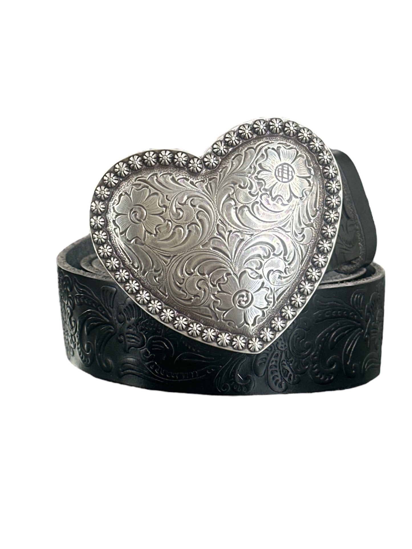 Black belt with a silver heart-shaped buckle on a white background