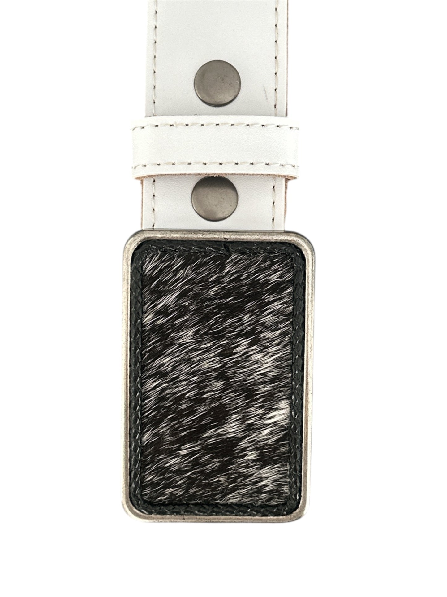 Rectangular black and white hair on hide with interchangeable white leather belt