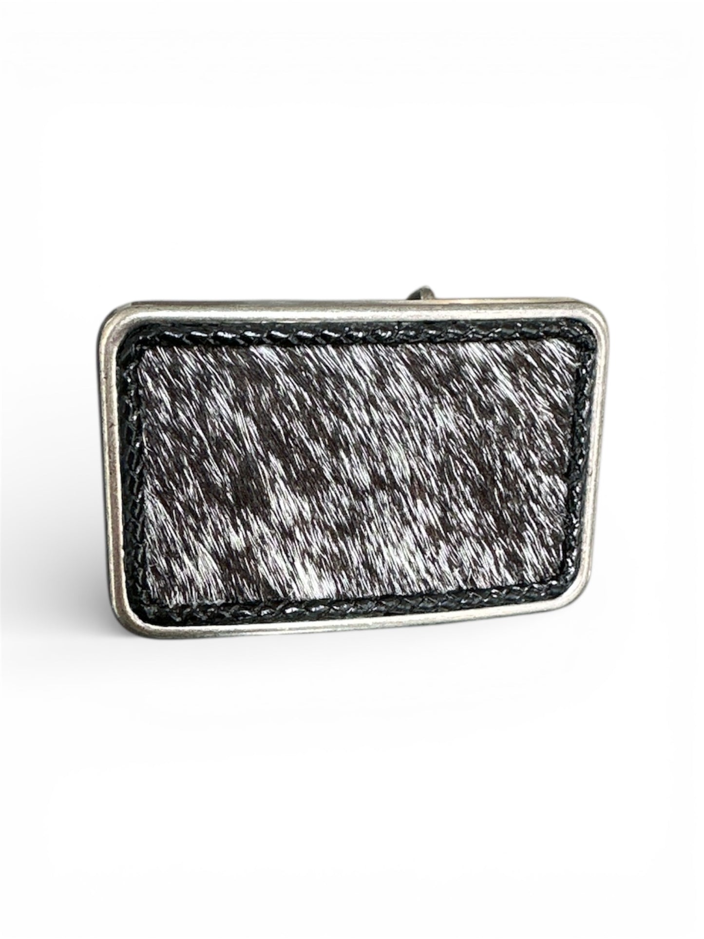 Rectangular belt buckle with a black and white hair on hide silver tone belt buckle 