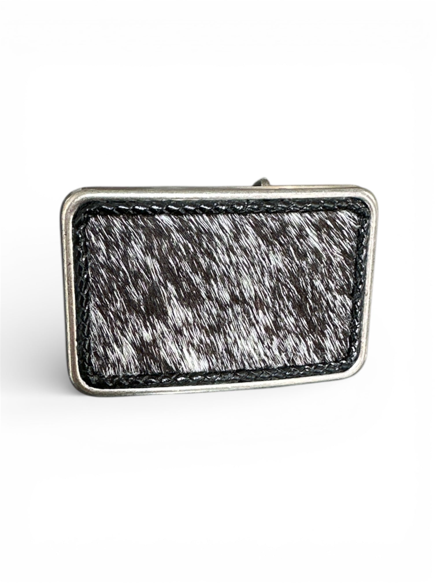 Rectangular belt buckle with a black and white hair on hide silver tone belt buckle 