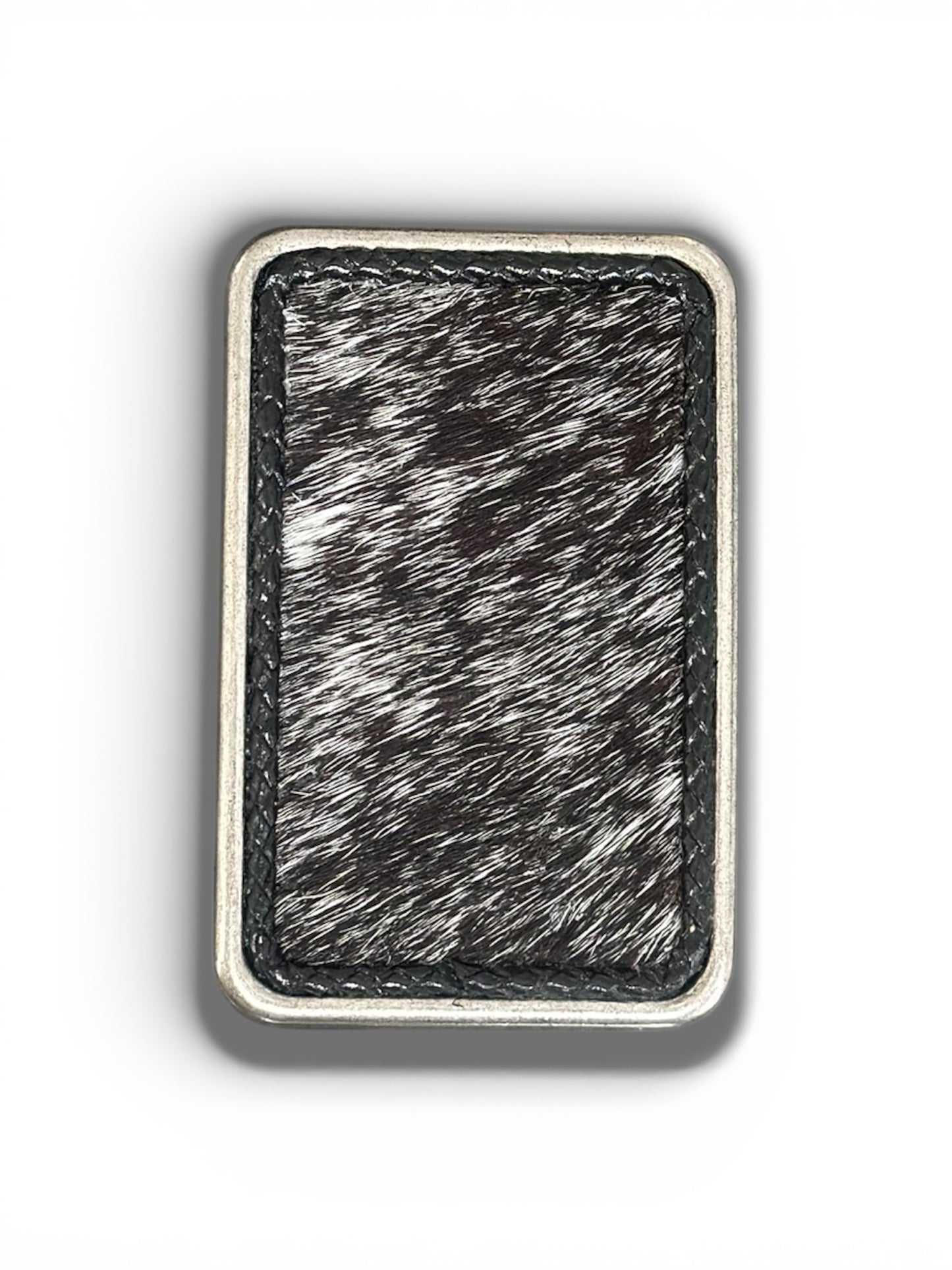 Rectangular silver tone belt buckle with hair on hide leather.