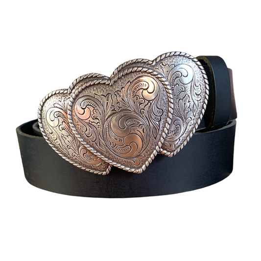 Triple Heart Engraved Western Belt Buckle