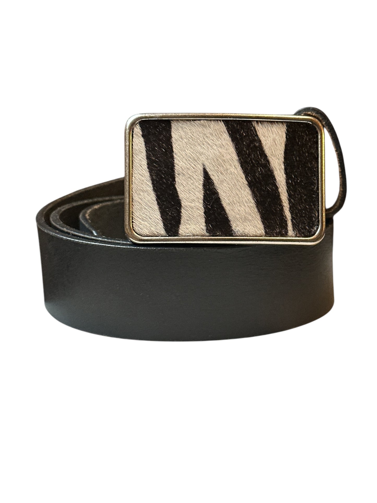 Zebra Print Hair on Rectangular Leather Belt Buckle