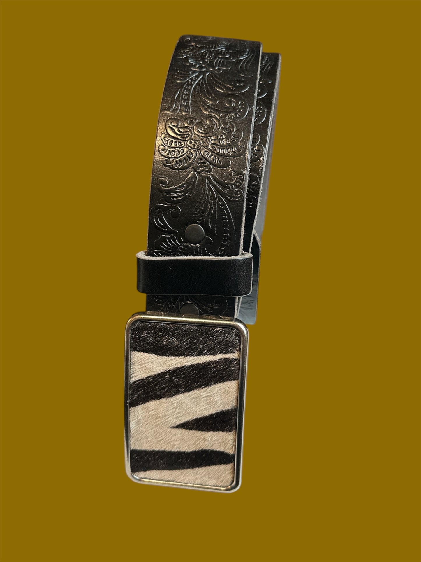 Zebra Print Hair on Rectangular Leather Belt Buckle