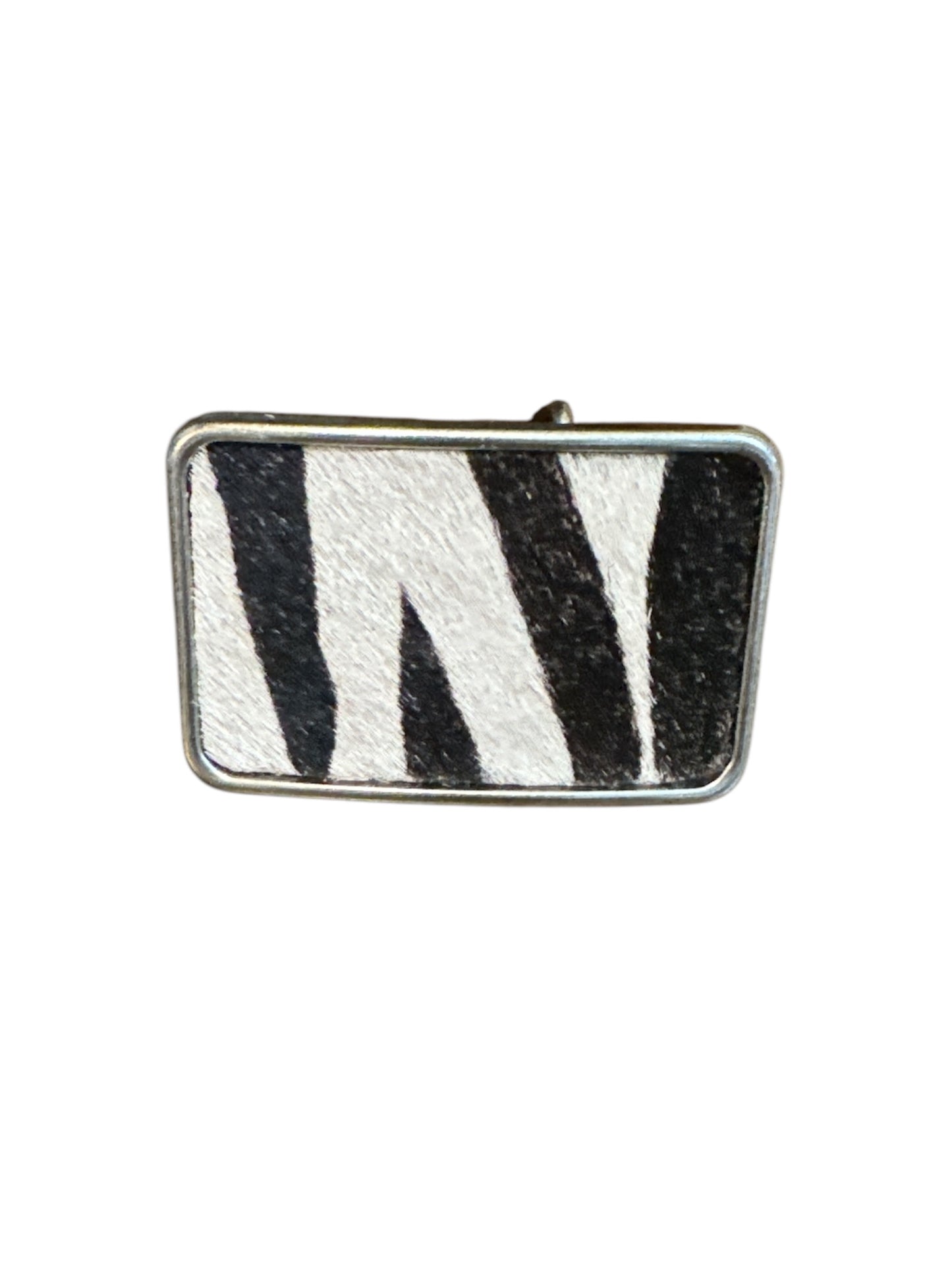 Zebra Print Hair on Rectangular Leather Belt Buckle