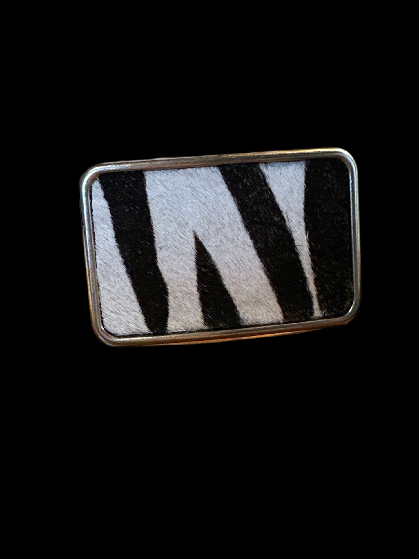 Zebra Print Hair on Rectangular Leather Belt Buckle