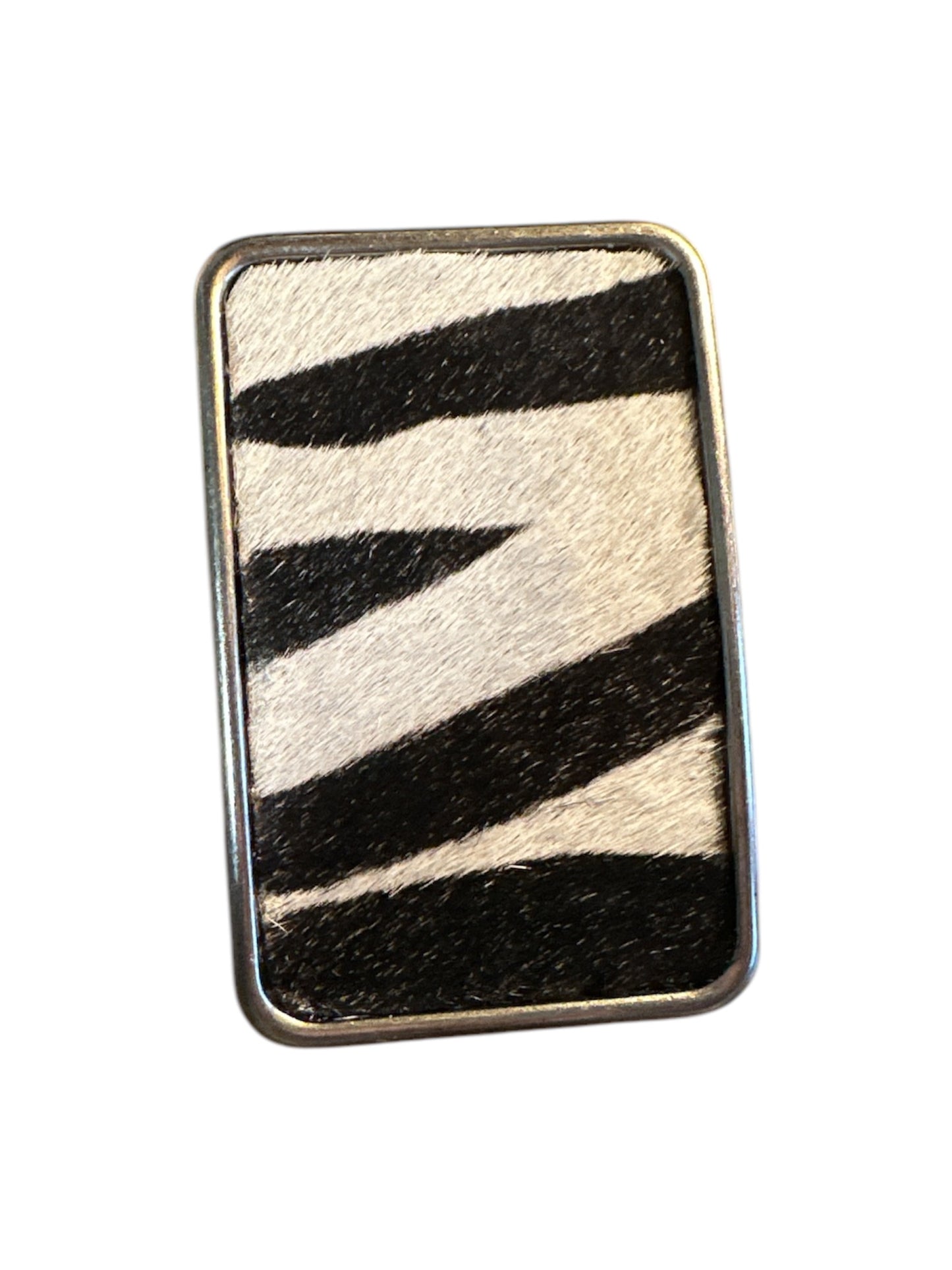 Zebra Print Hair on Rectangular Leather Belt Buckle