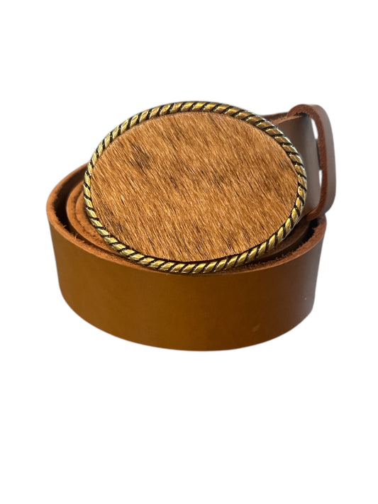 Tan Hair on Hide Oval Rope Belt Buckle