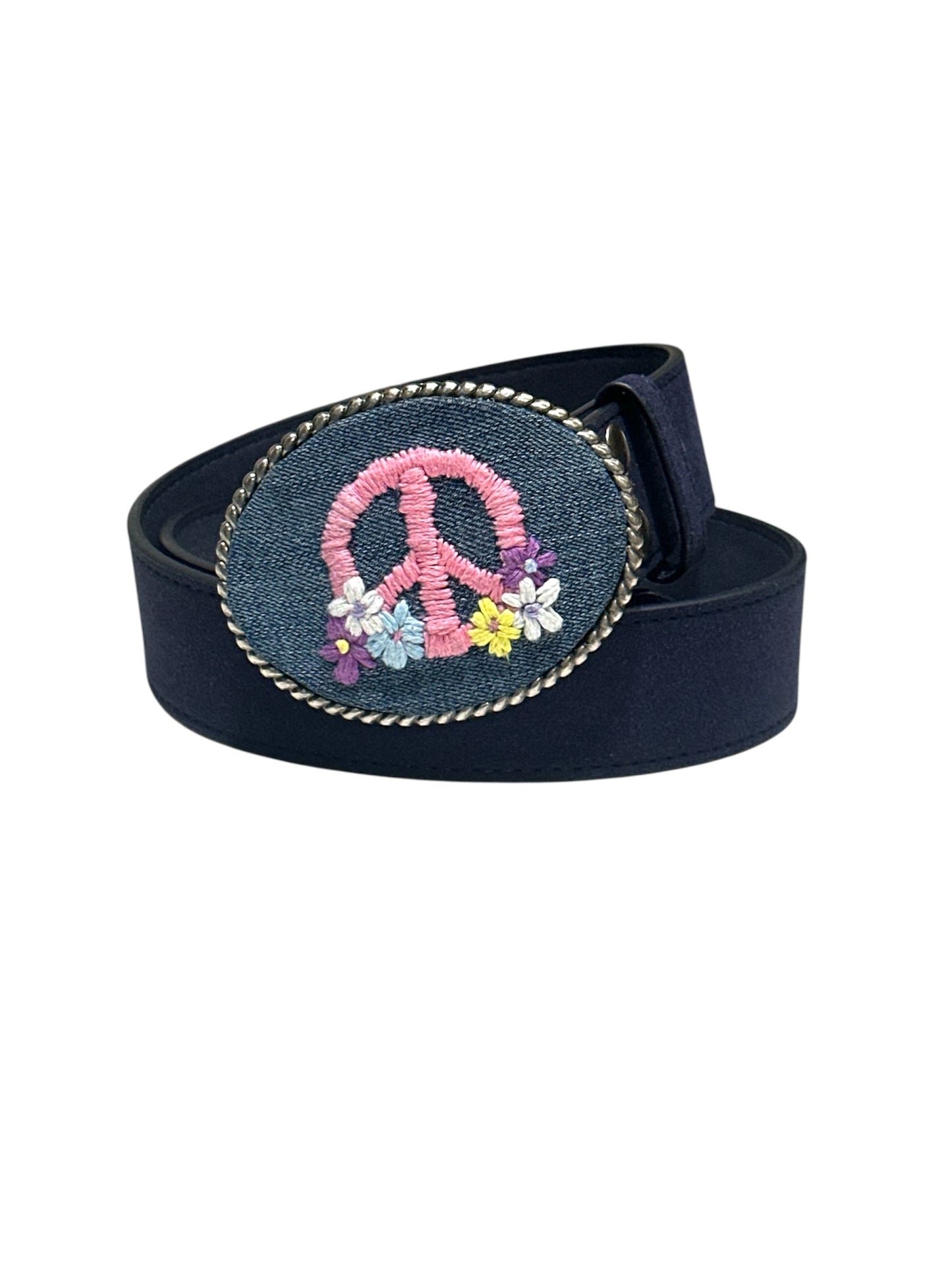 Peace Sign With Flowers Hand Stitched on Denim