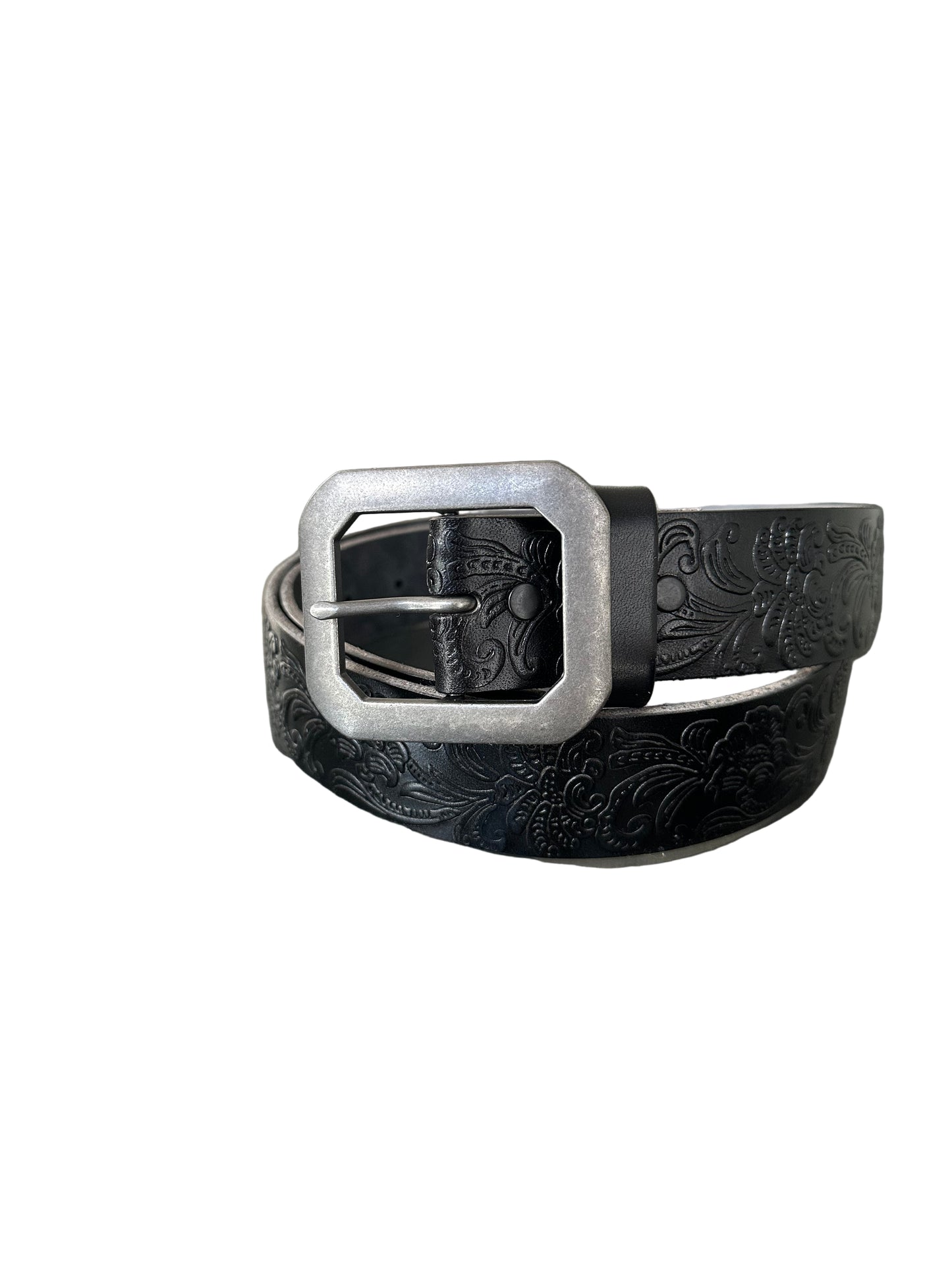 Black leather belt with antique nickel rectangular belt buckle. 