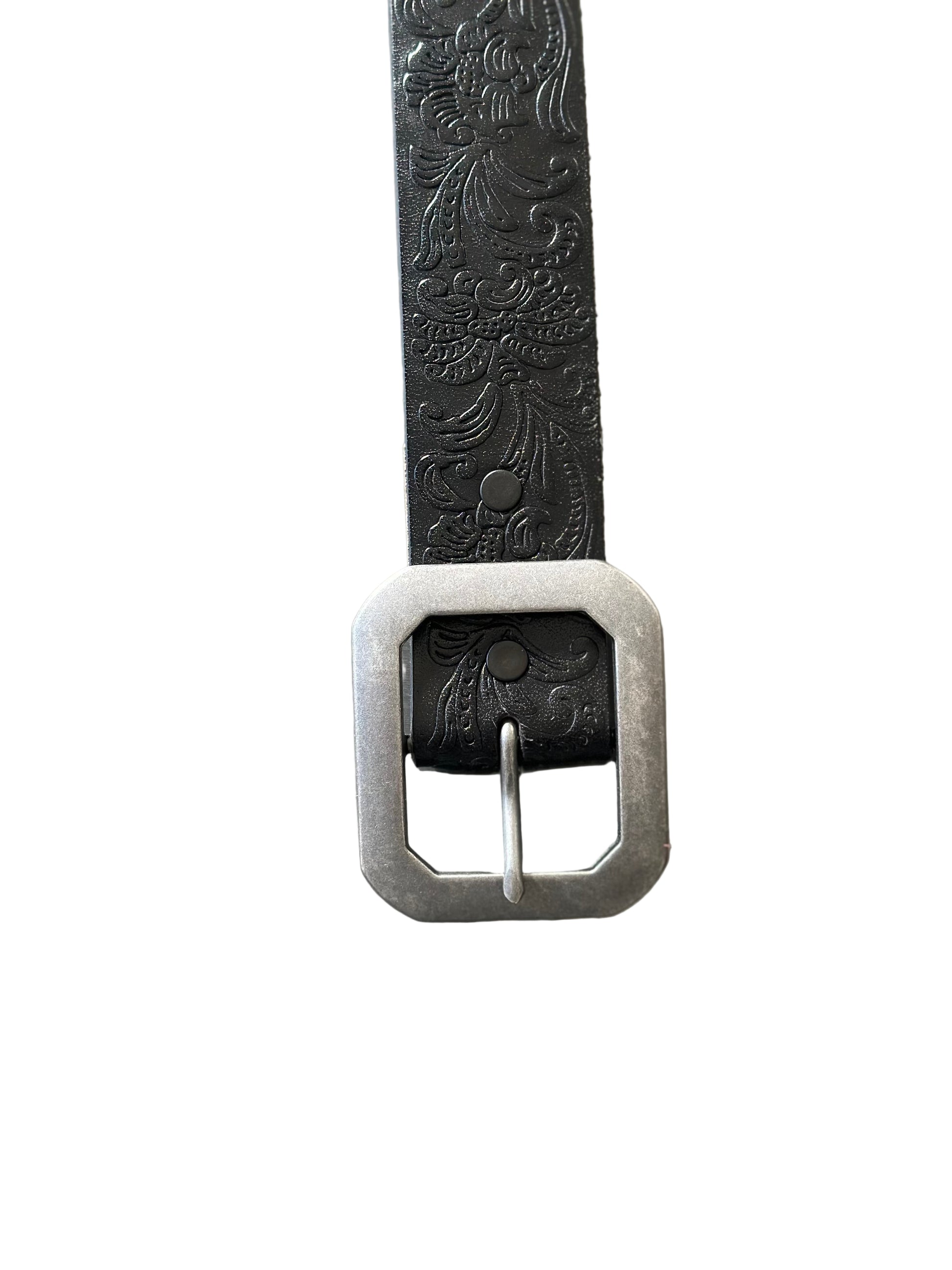 Black leather belt with silver buckle 