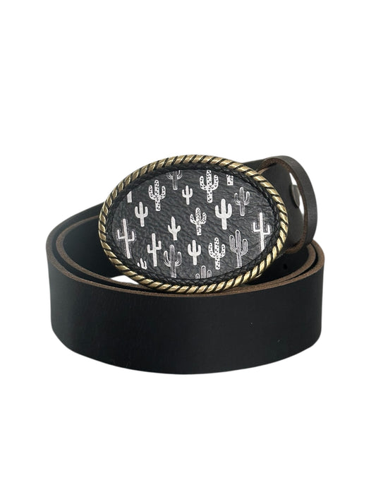 Western Black Leather Belt Buckle with White Cactuses