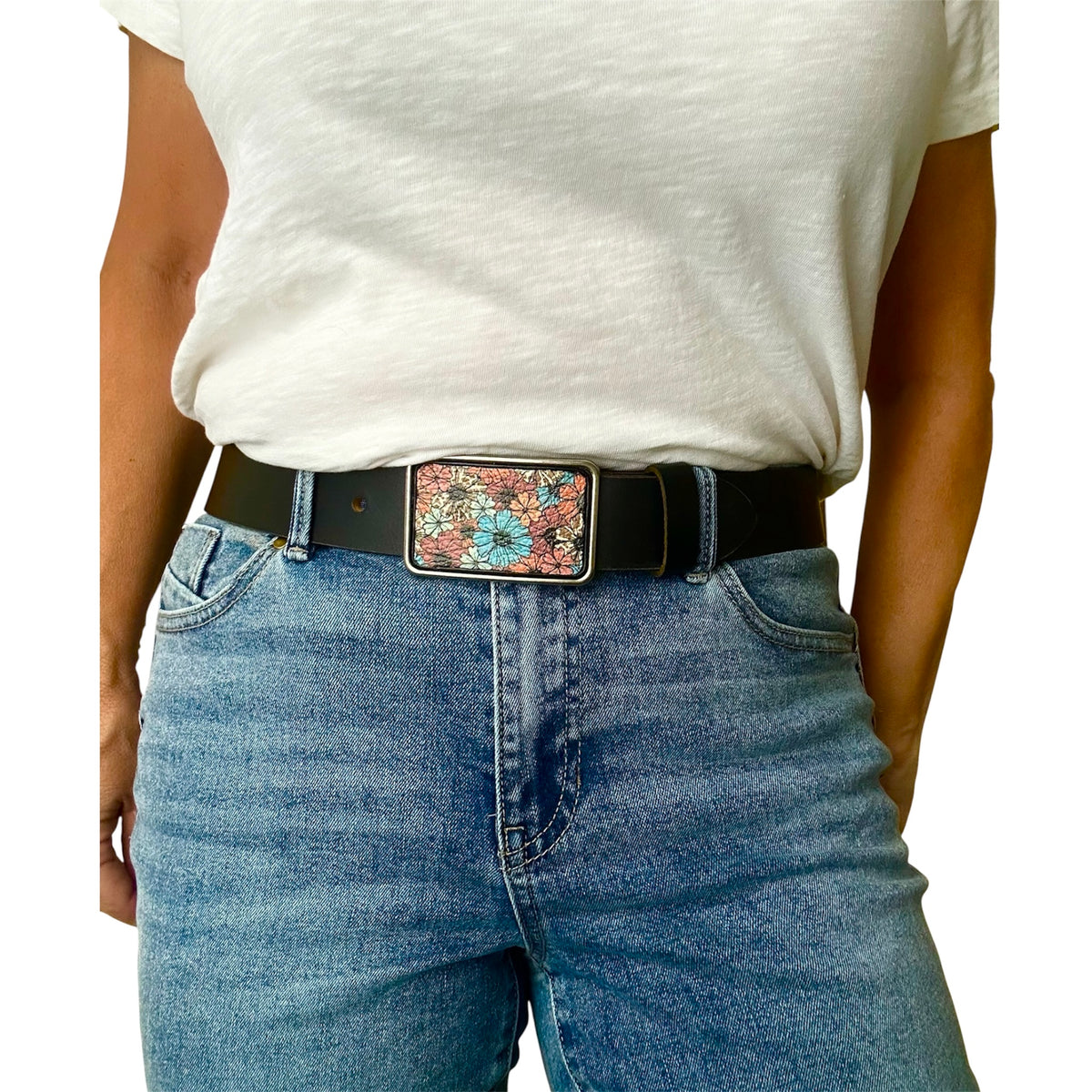 Floral Daisy Leather Belt Buckle, Rectangular interchangeable Buckle