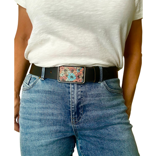 Floral Daisy Leather Belt Buckle, Rectangular interchangeable Buckle