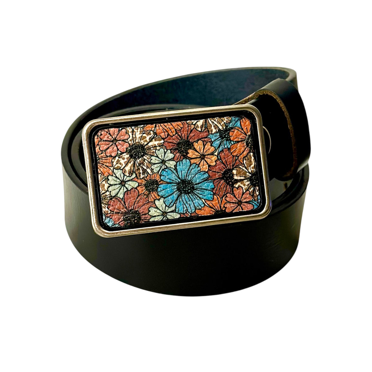 Floral Daisy Leather Belt Buckle, Rectangular interchangeable Buckle