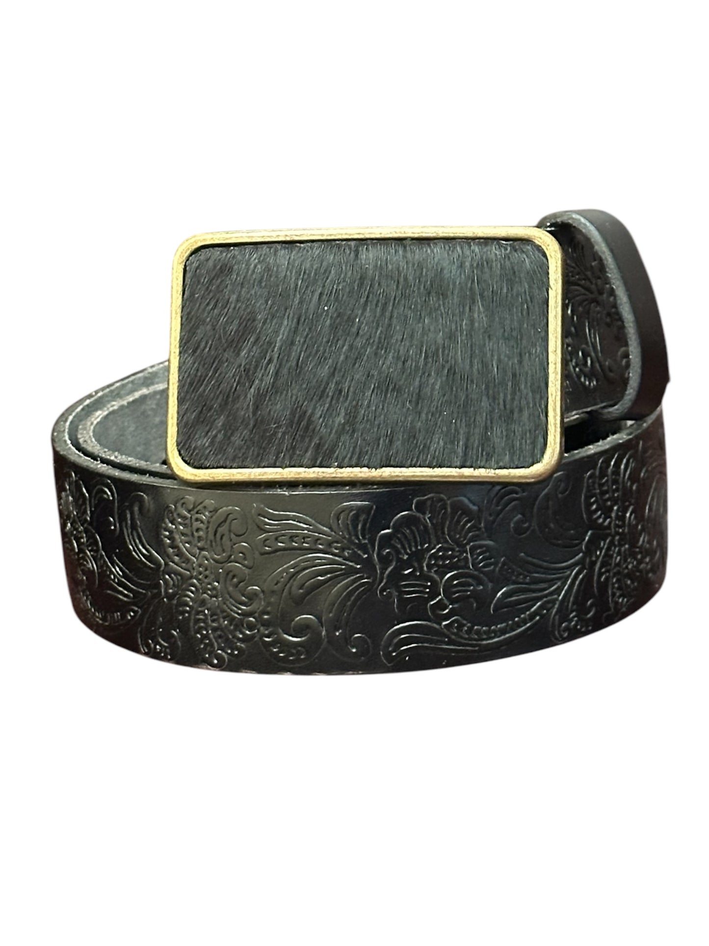 Black Hair on Leather Rectangular Belt Buckle