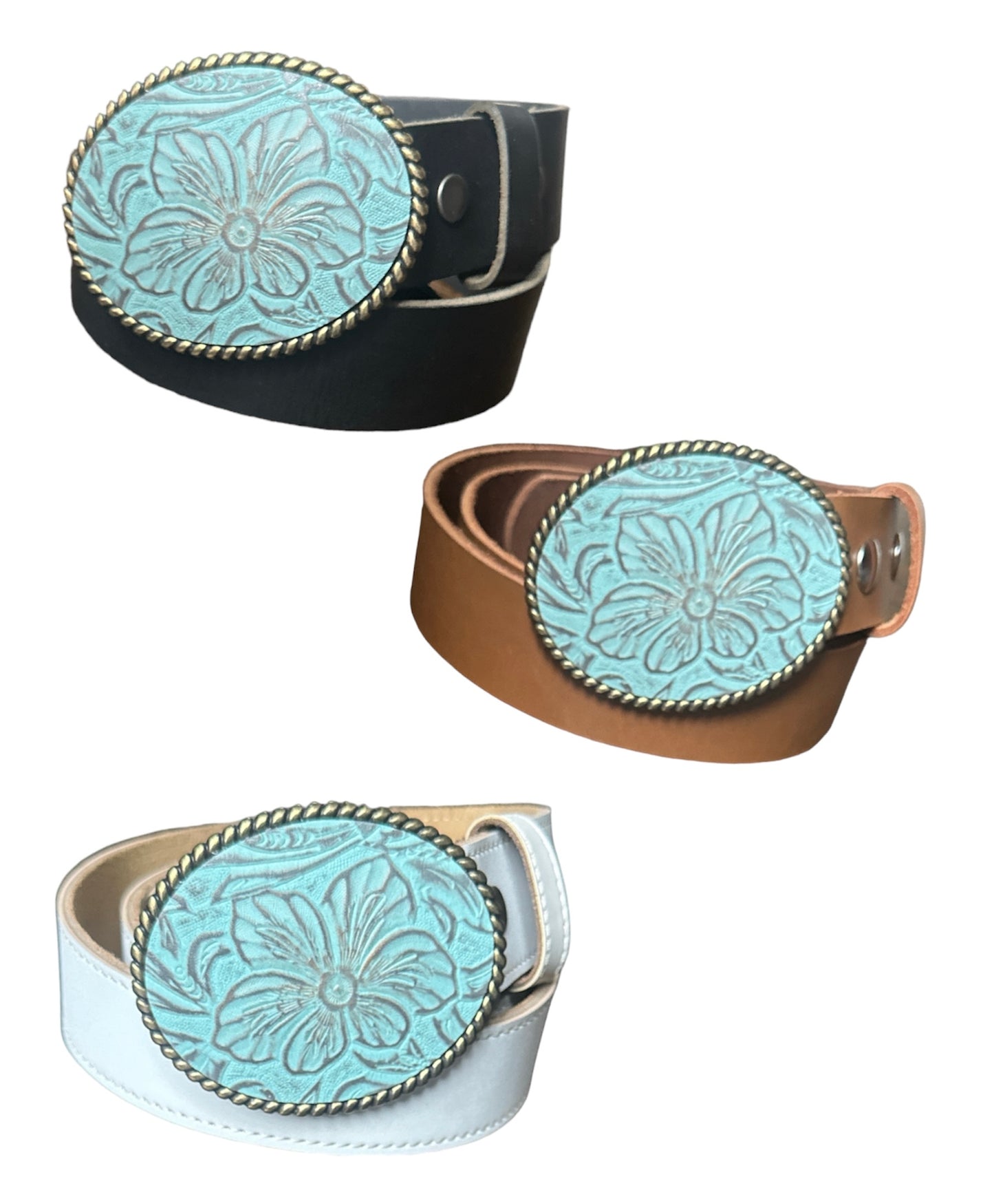Floral Turquoise Embossed  Leather Belt Buckle