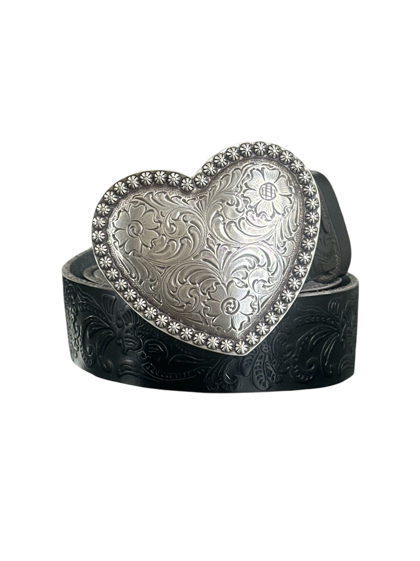 Black belt with a silver heart-shaped buckle on a white background