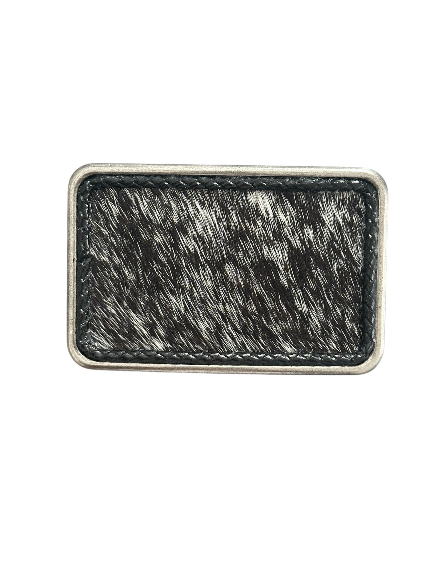 Black White Hair on Leather Rectangular Belt Buckle