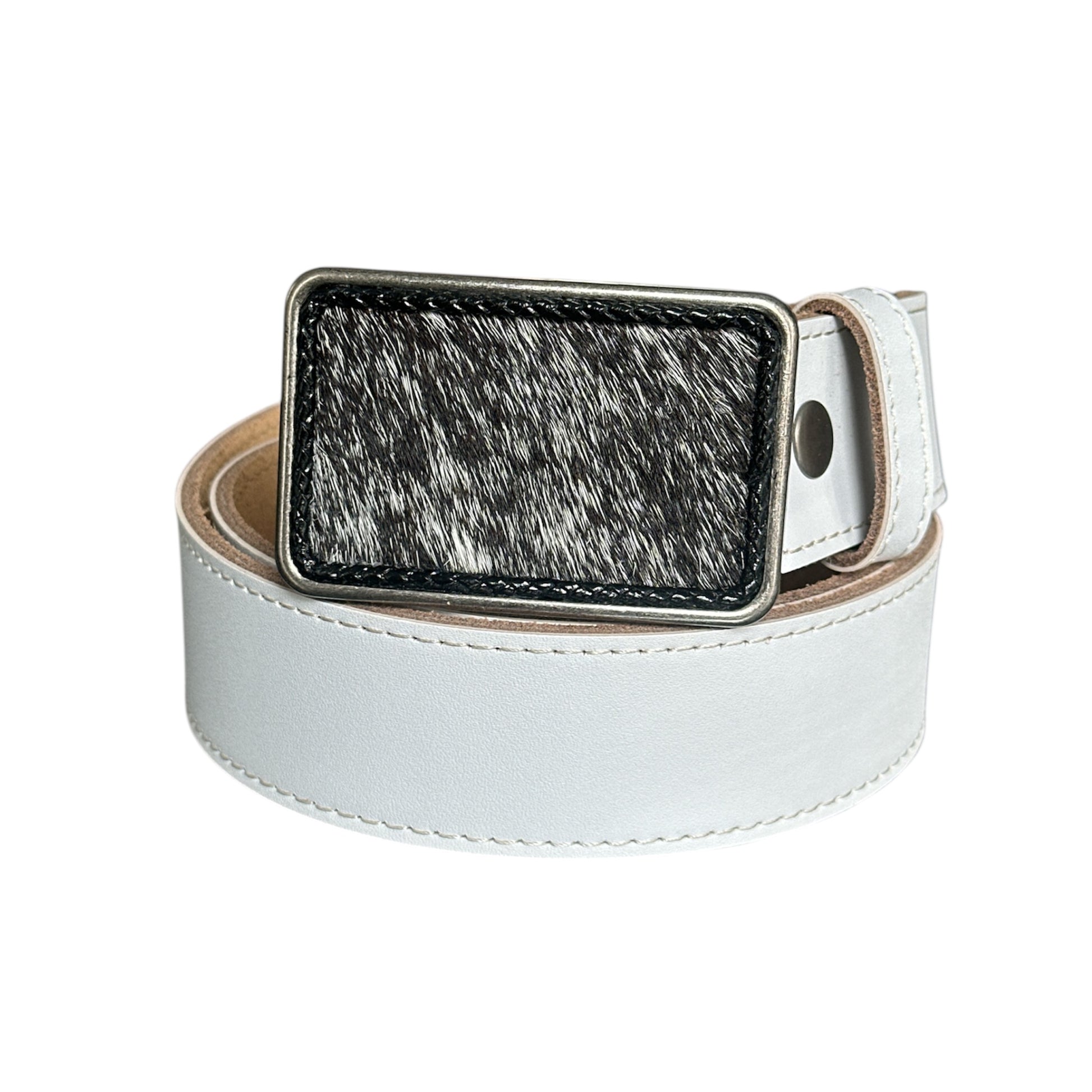 White belt with a black and white hair on hide on a white background