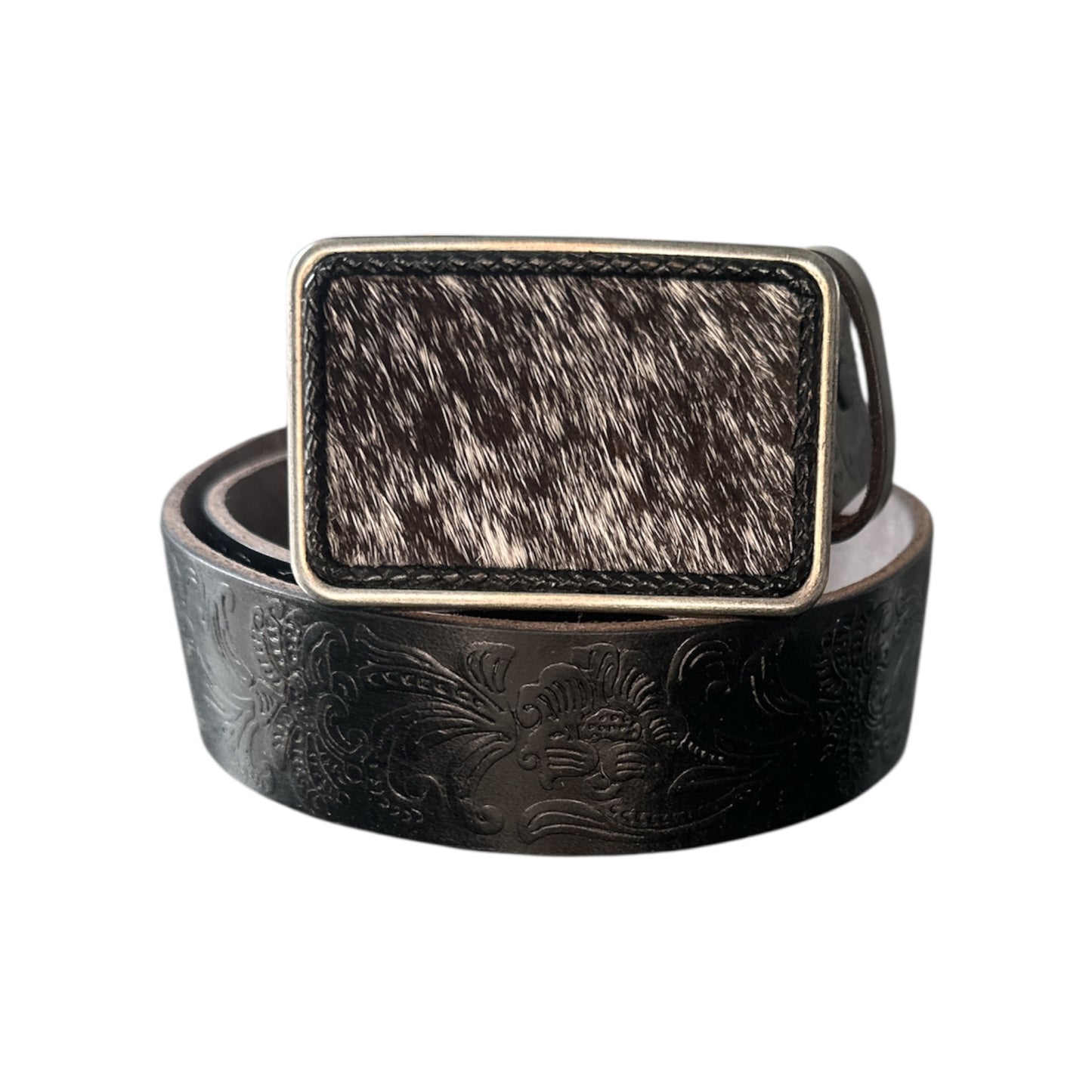 Black White Hair on Leather Rectangular Belt Buckle