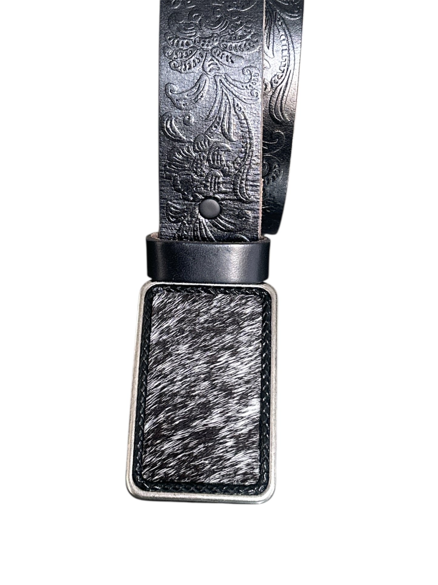 Black White Hair on Leather Rectangular Belt Buckle