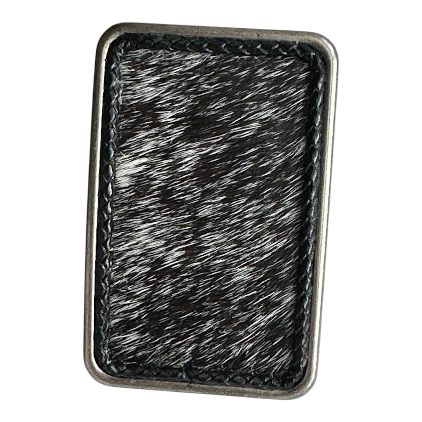 Black White Hair on Leather Rectangular Belt Buckle