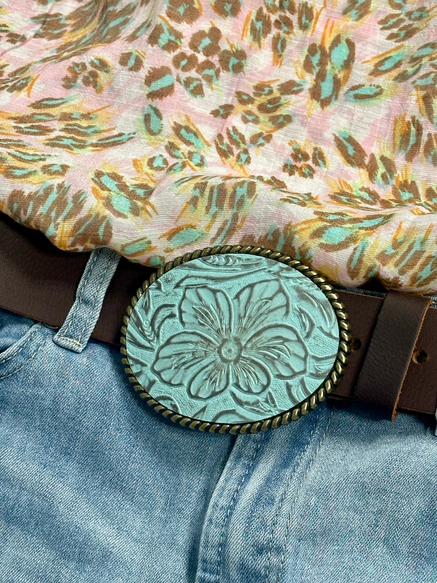 Floral Turquoise Embossed  Leather Belt Buckle