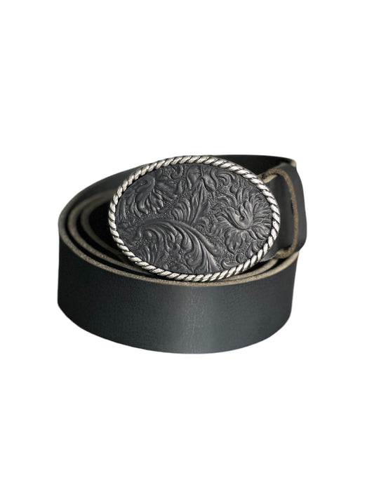 Black Embossed Leather Belt Buckle