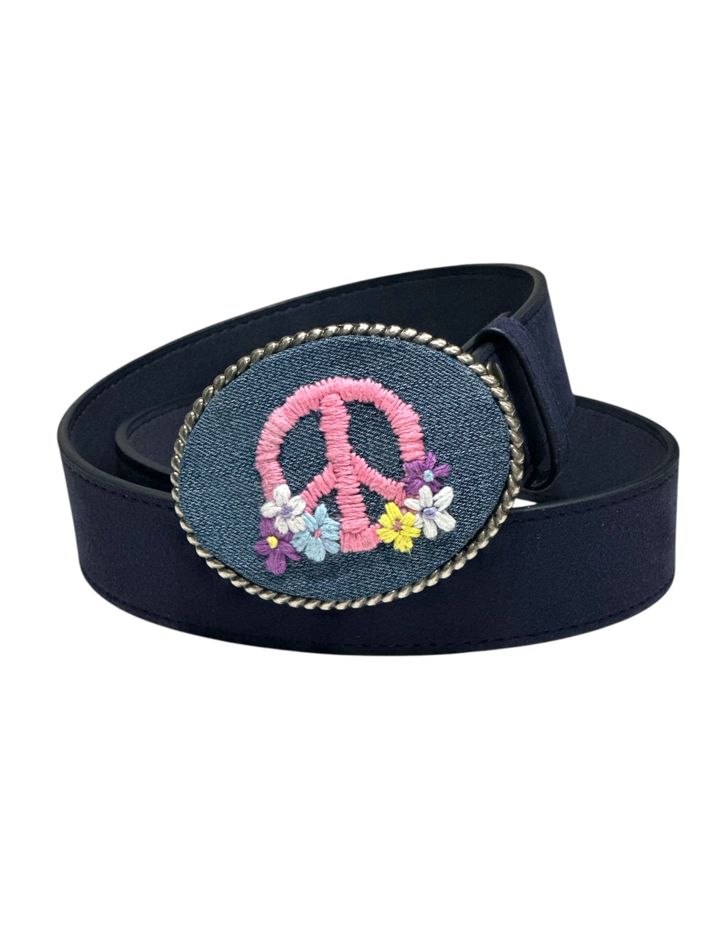 Peace Sign With Flowers Hand Stitched on Denim