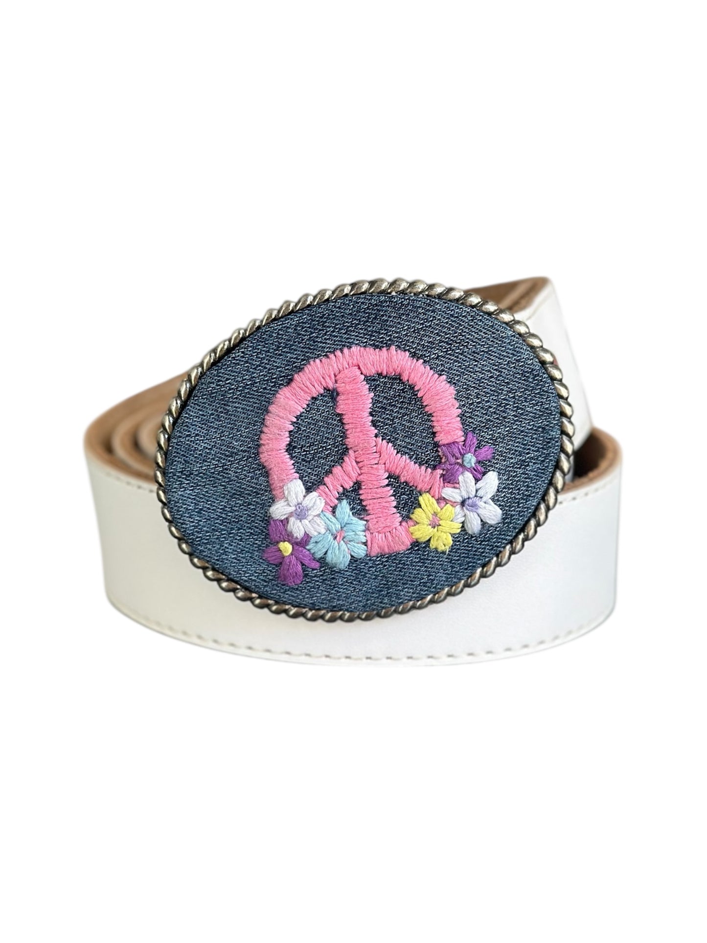 Peace Sign With Flowers Hand Stitched on Denim