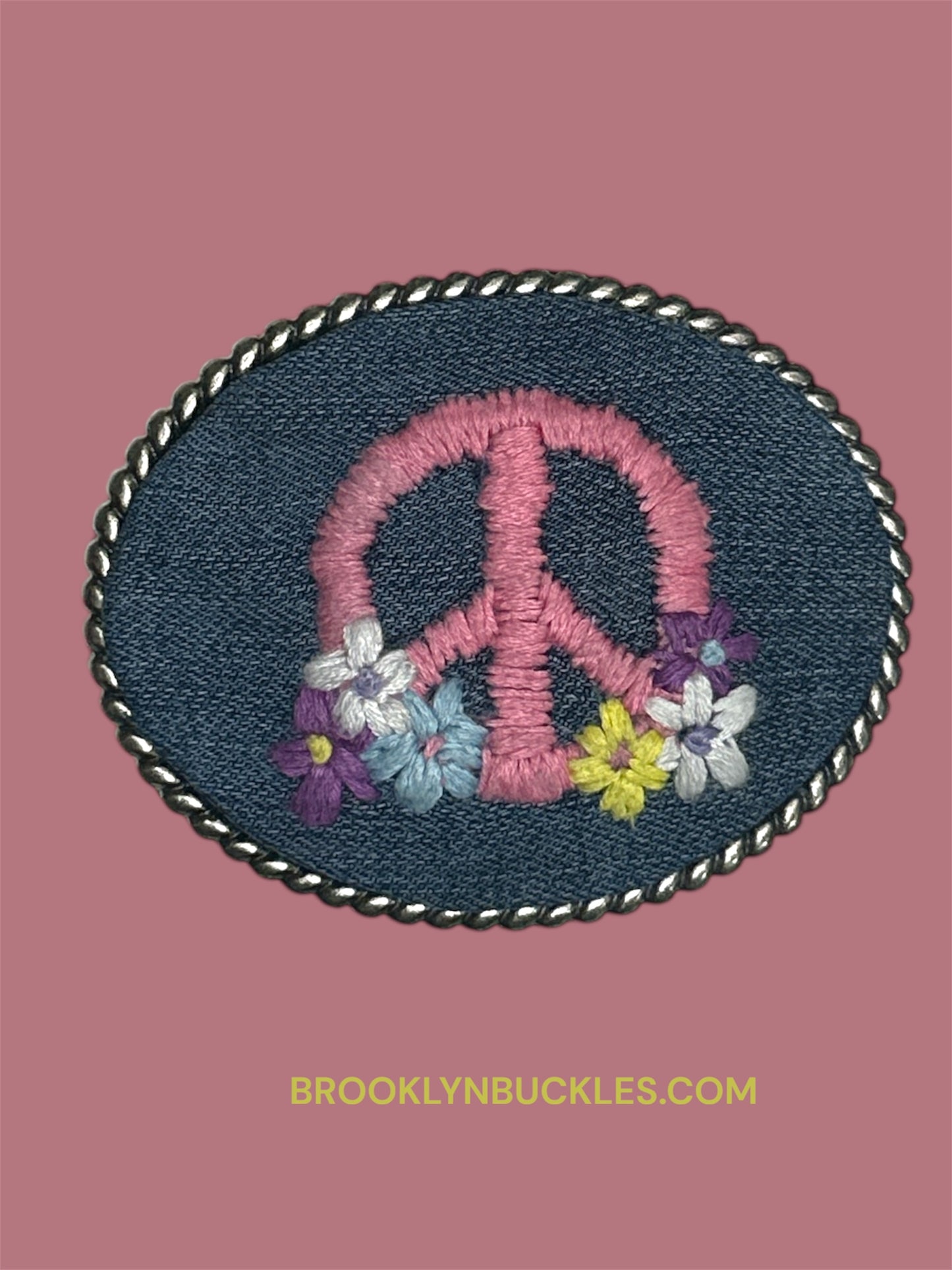 Peace Sign With Flowers Hand Stitched on Denim
