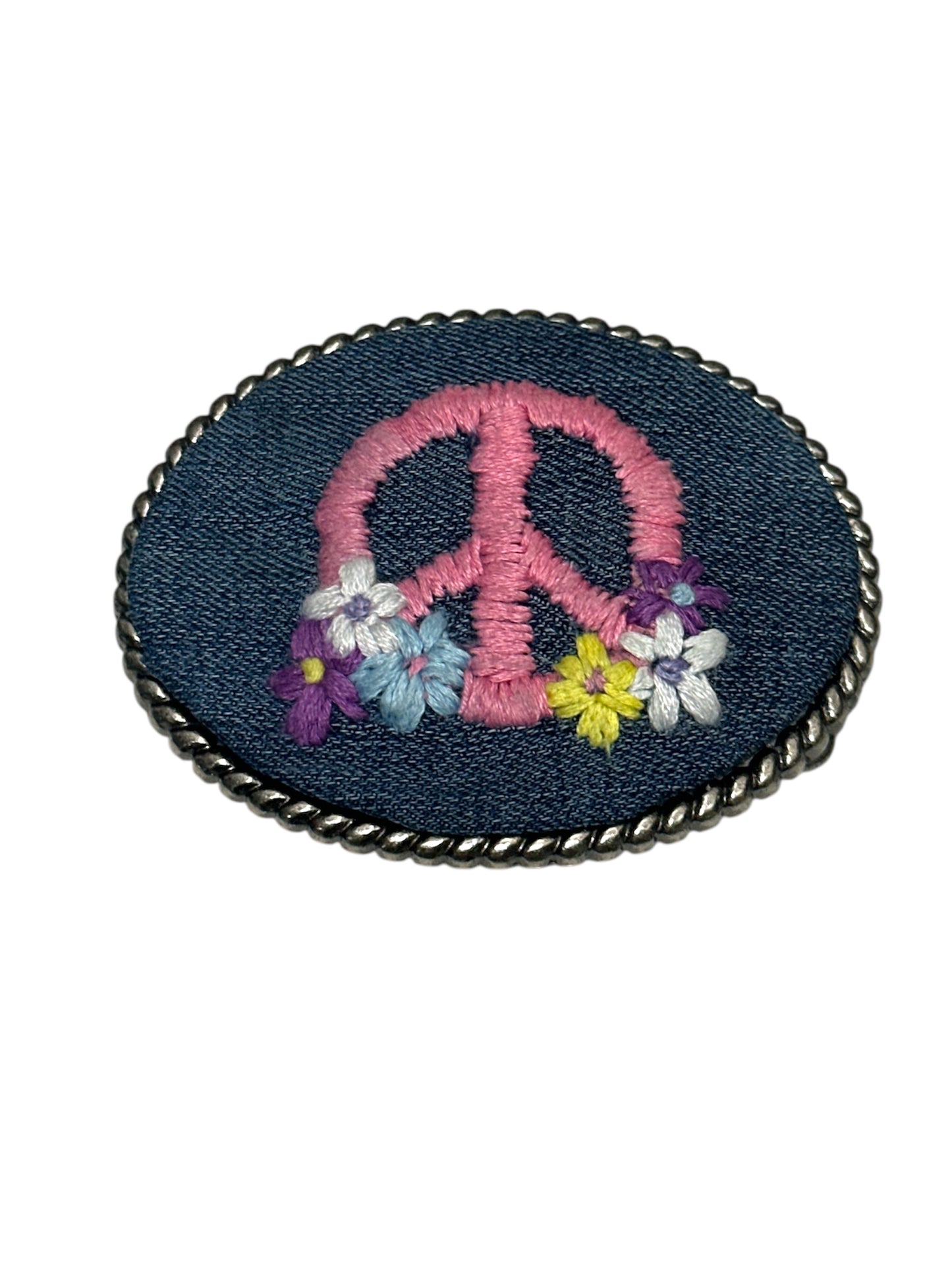 Peace Sign With Flowers Hand Stitched on Denim