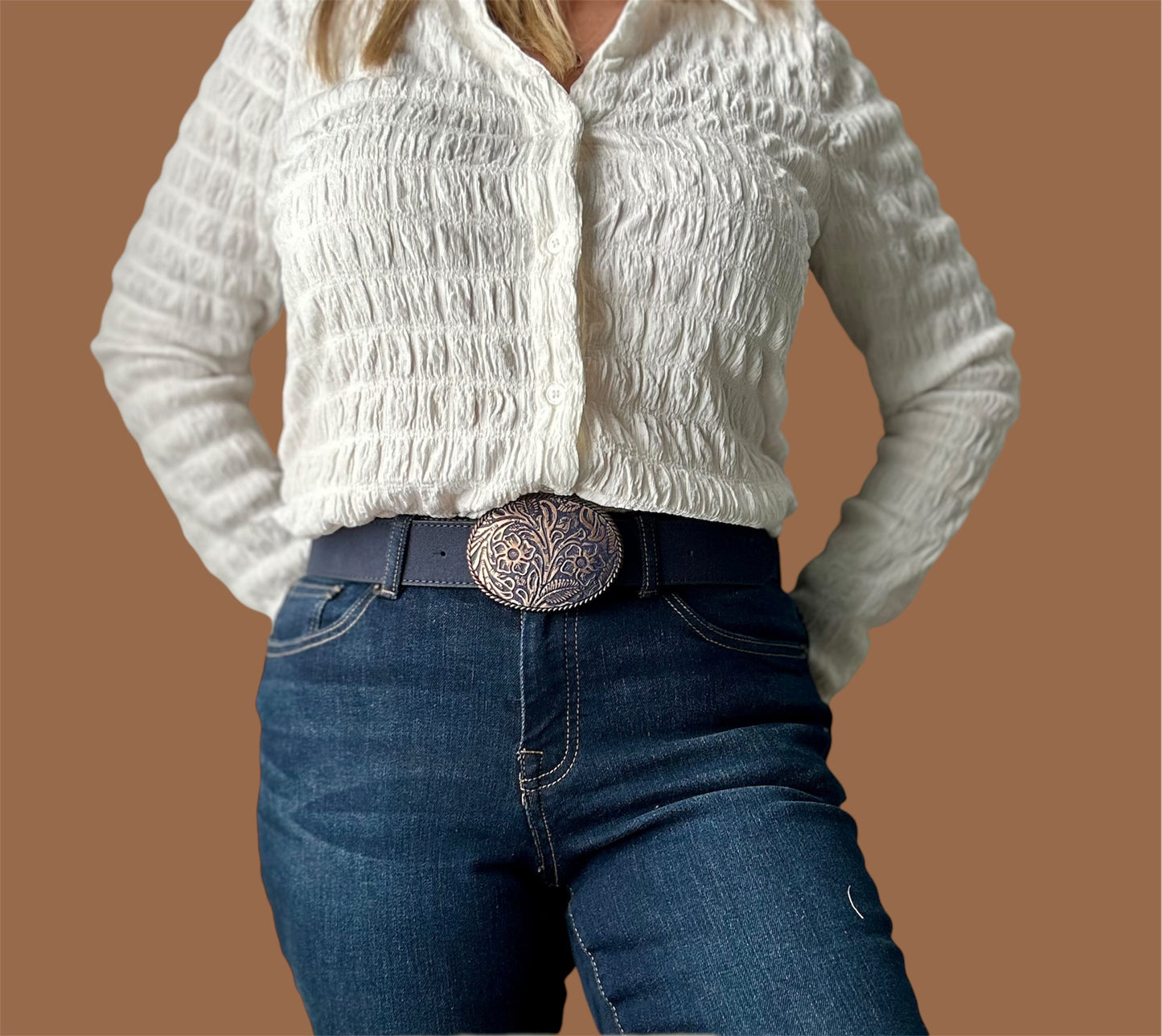 Metallic Rose Gold and Blue Embossed Leather Belt Buckle