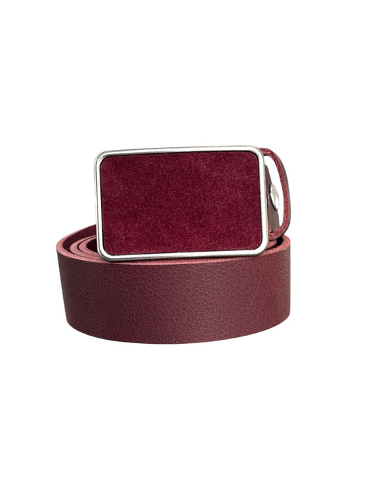 Burgundy Suede Rectangular Belt Buckle - Antique Silver or Antique Brass
