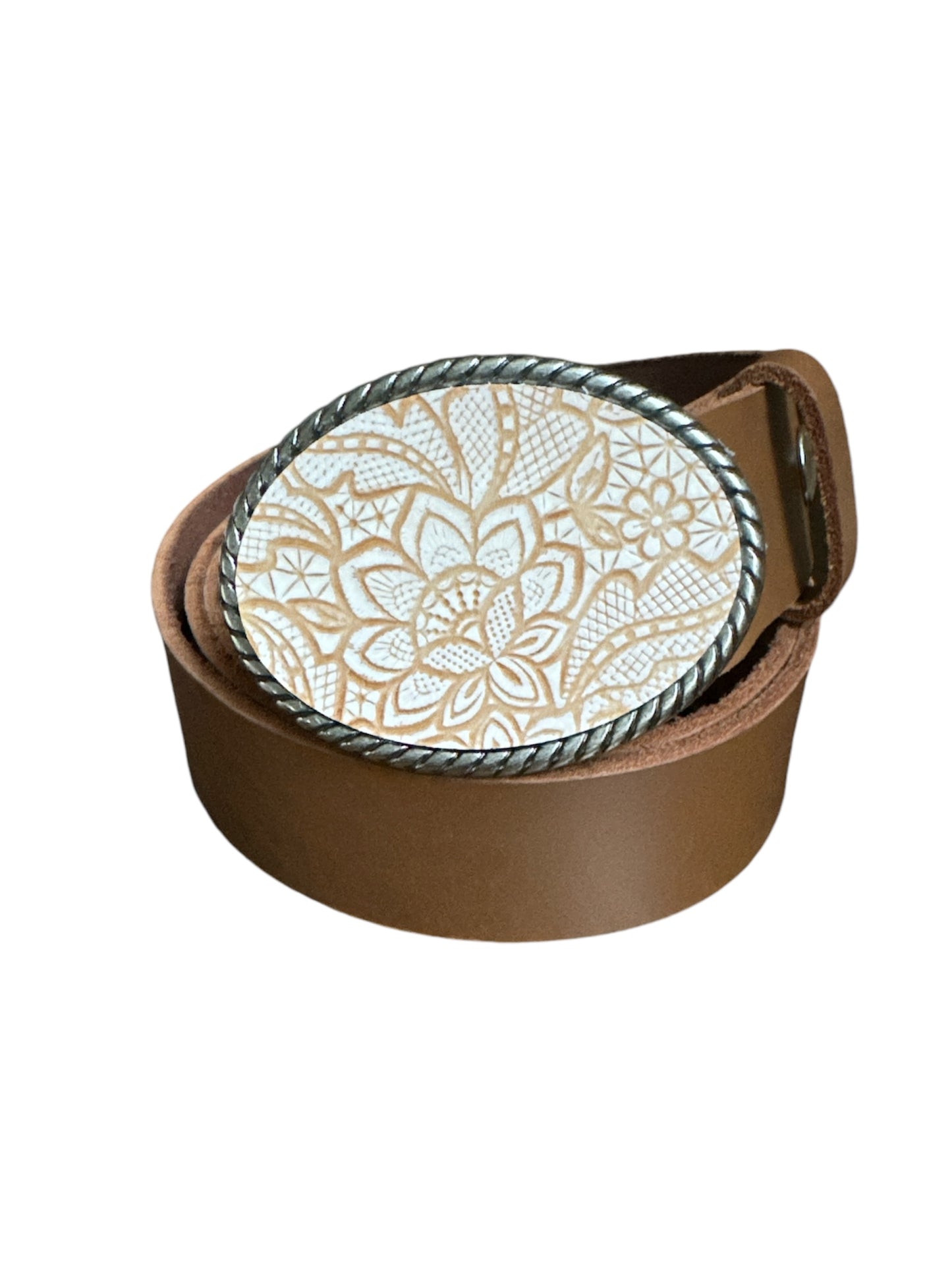 Embossed Creme and Tan Western Leather Belt Buckle