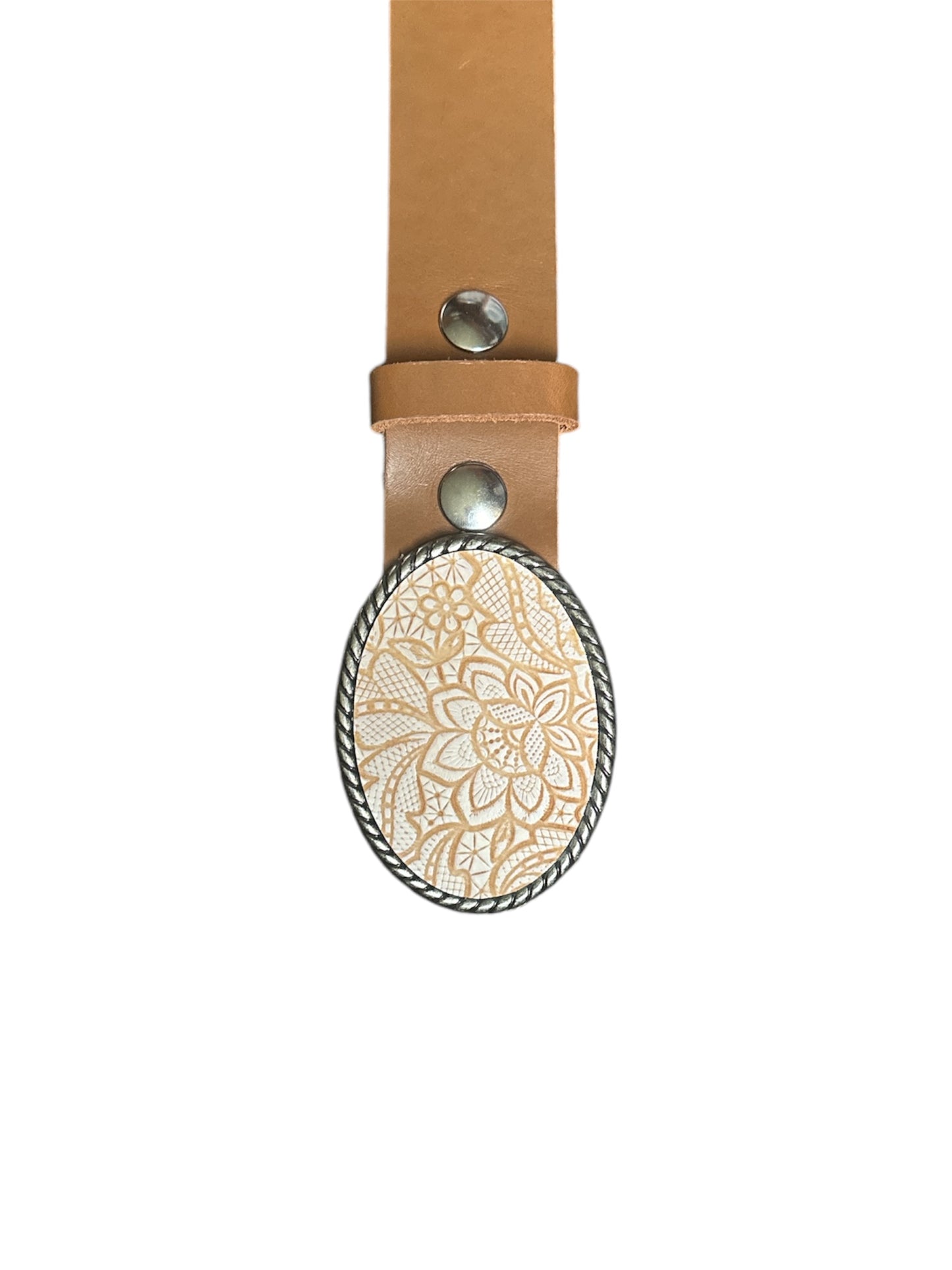 Embossed Creme and Tan Western Leather Belt Buckle