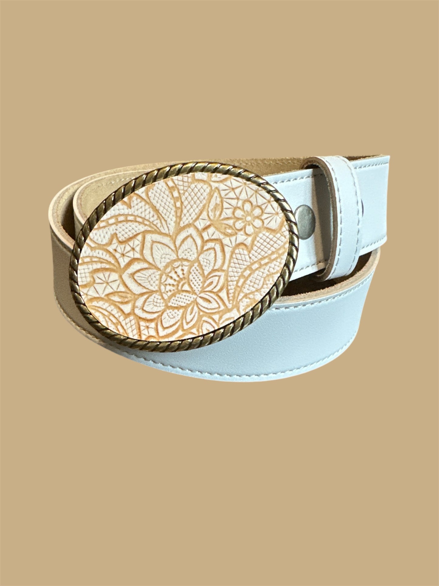 Embossed Creme and Tan Western Leather Belt Buckle