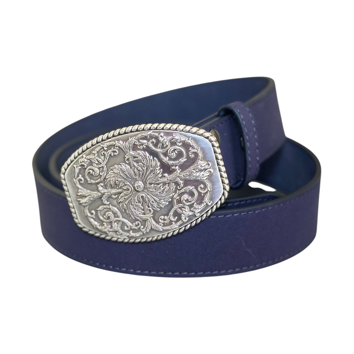 A navy blue stitched suede interchangeable belt with an ornate, engraved silver-tone buckle, coiled on a white background.