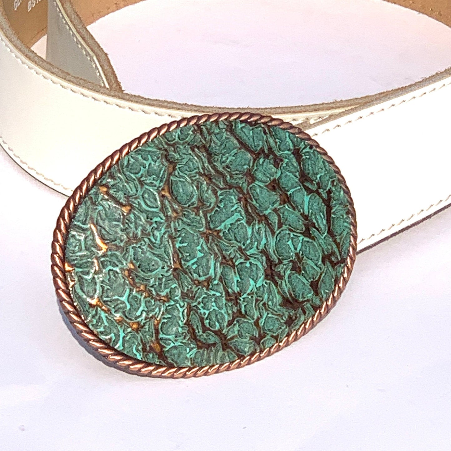 Turquoise Embossed Leather On Copper Belt Buckle