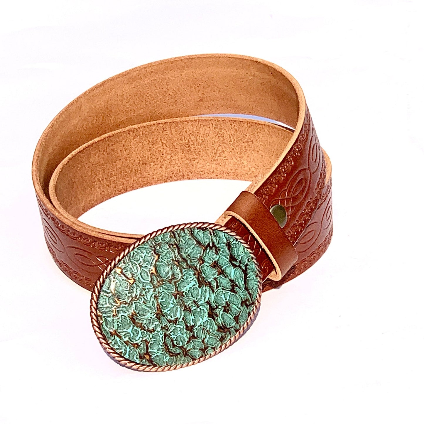 Turquoise Embossed Leather On Copper Belt Buckle