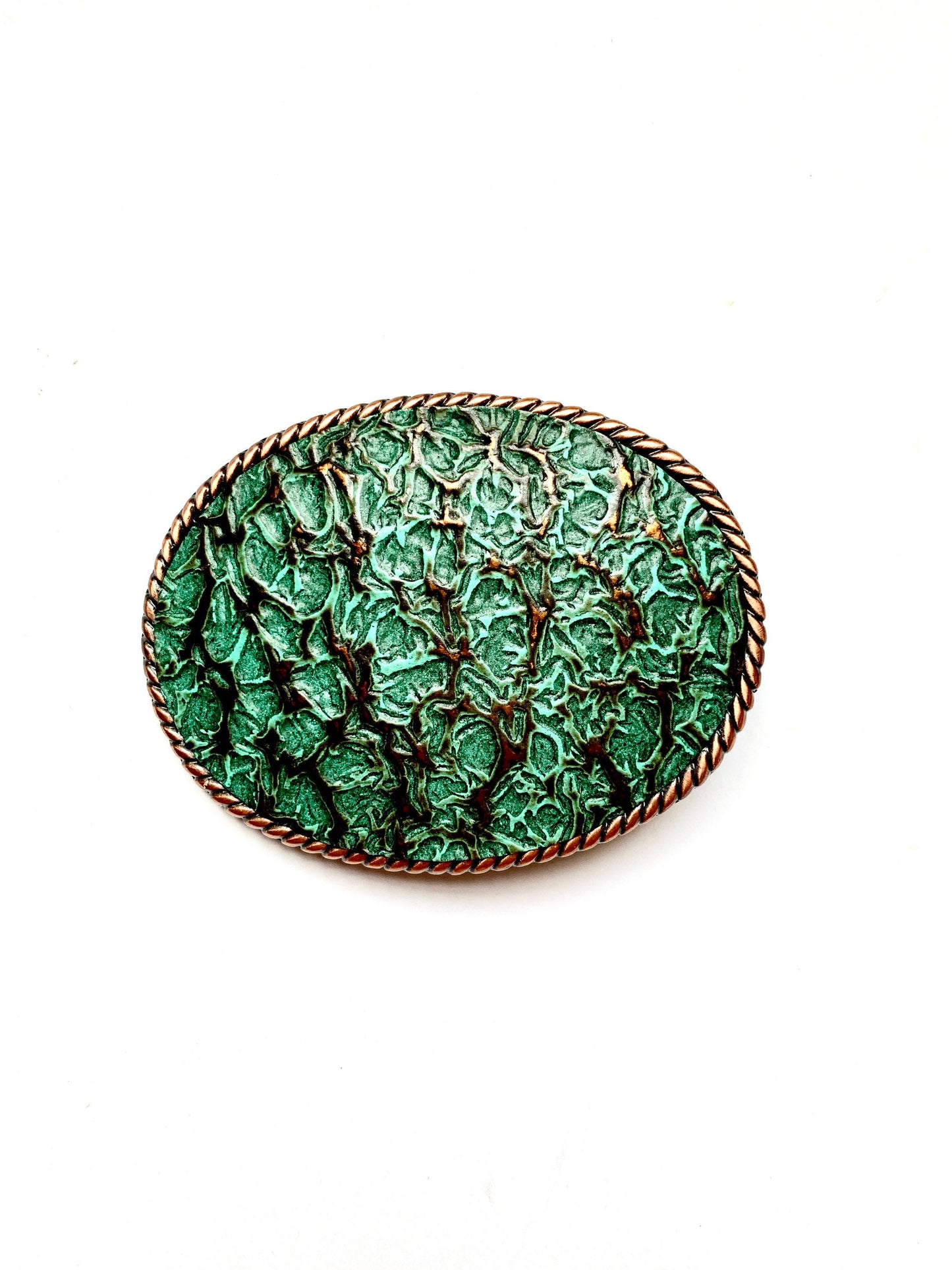 Turquoise Embossed Leather On Copper Belt Buckle